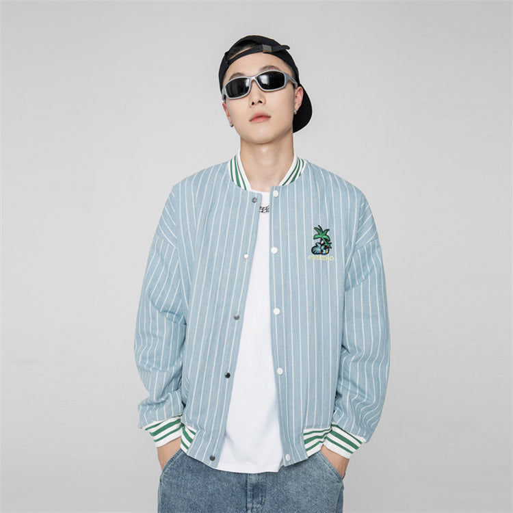 Varsity Jacket Vintage Autumn Men's Jacket Campus Artistic Style Loose Couple Striped Denim Jacket