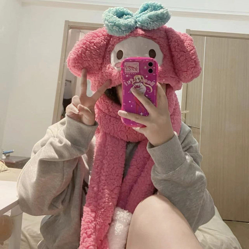 My Melody Hat Cartoon Pink Bear Melody Scarf Integrated Hat Gloves Cute Girl Heart Student Winter Warm Kulomi