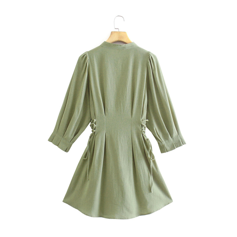 Women Fall Fall Belt Trim Waist Mini Dress Single Breasted Cinched Short Dress