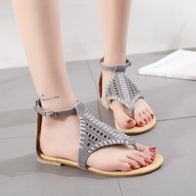 Women Open Toe Sandals Flats Summer Low-Top Sandals Round Toe Hollow-out Flat Shoes
