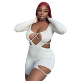 Solid Color Drawstring Strap Low-Cut Long Sleeve Midriff Outfit One-Piece Shorts