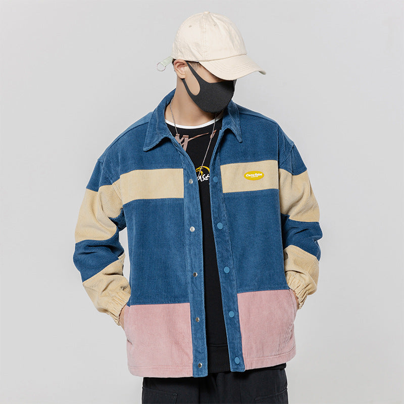 Corduroy Varsity Jacket Autumn and Winter Color Matching Corduroy Coat Men's and Women's Loose Jacket Raccoon Cotton-Padded Coat