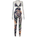 Leaf Print Sleeveless Backless Lace-up Suspender Ankle-Tied Trousers Jumpsuit