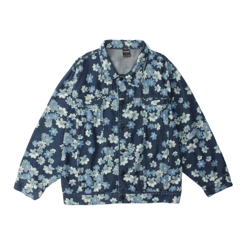 Men Denim Coat Jean Jackets High Street Vintage Floral Full Printed Denim Jacket Men's Loose Street Lapel Casual Jacket