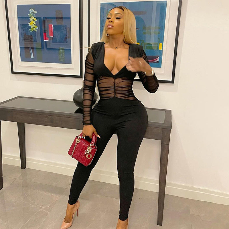 Fall Deep V-neck Hollow-out Long Sleeve Sexy Mesh Stitching Jumpsuit Women