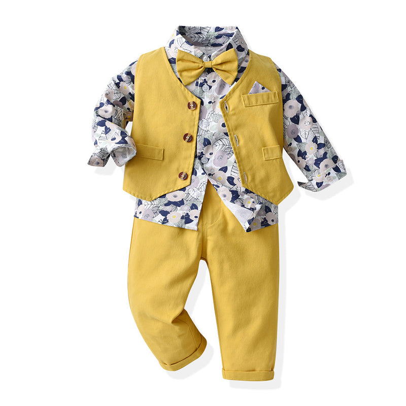 Children Boy Formal Shirt & Suspender Pants 2 Piece Set Vest Long Sleeve Cotton Shirt