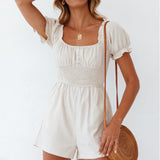 Milkmaid Dress Summer Square Collar Short Sleeve Corset Solid Color Smocked Collect waist Skater dresses