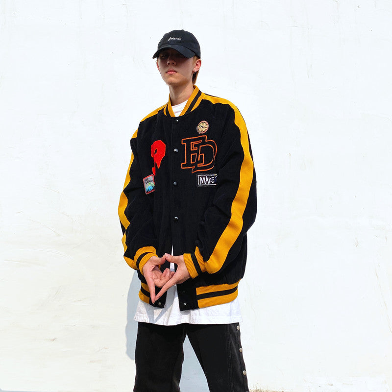 Yellow Varsity Jacket Autumn Winter Retro Corduroy Jacket Men's Loose Embroidered Baseball Uniform Coat