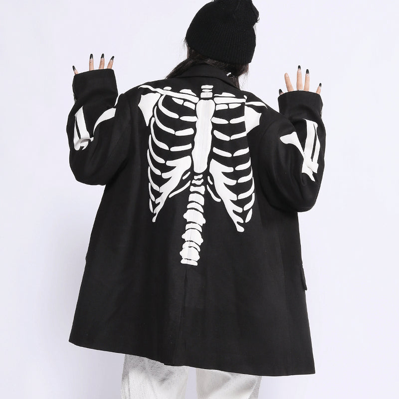 Men's Casual Suit Man Blzer Dark Skeleton Printed Blazer Men's Loose Lapels Jacket Small Suit