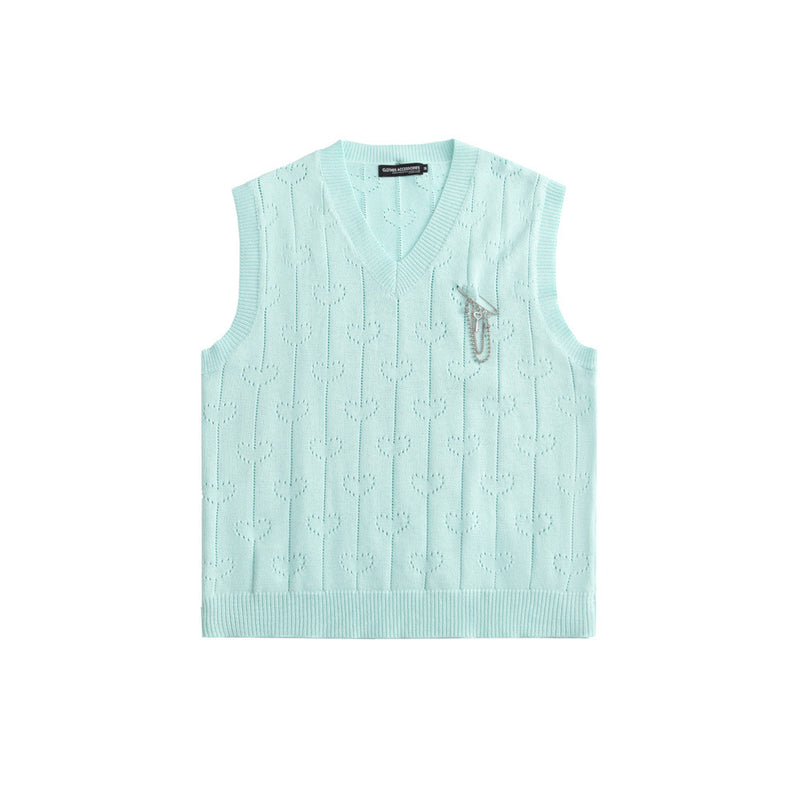 Men Sweater Vest Chain Pin Sleeveless Sweater Vest Men's Loose V-neck Sweater Vest Coat