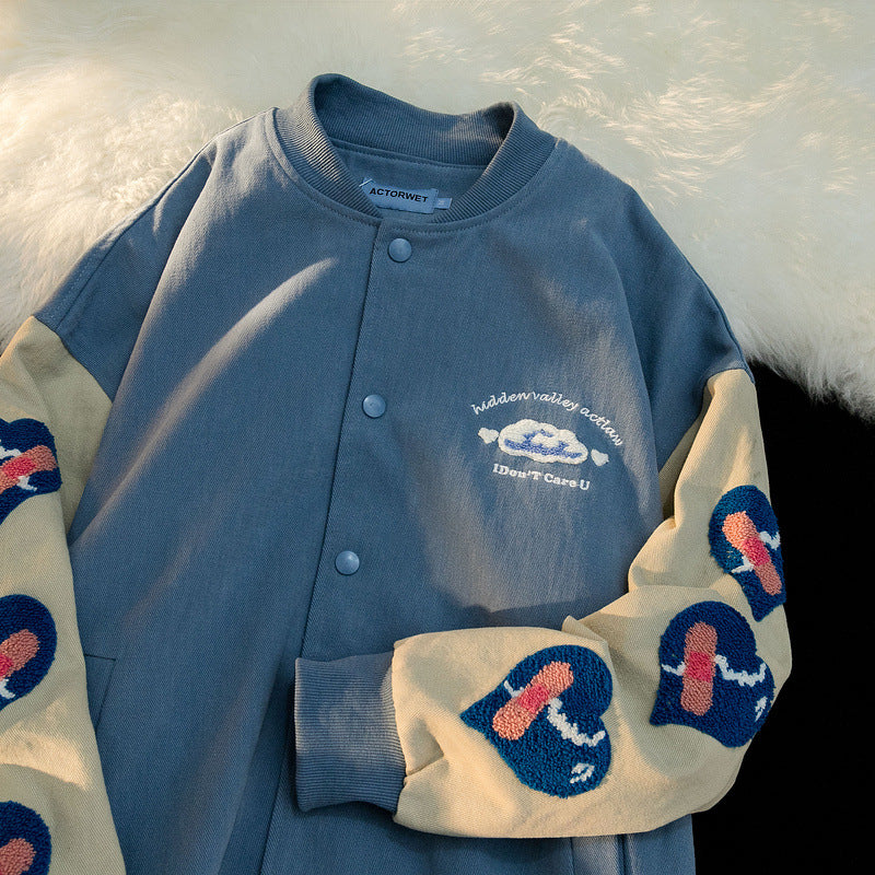 Baby Blue Varsity Jacket Baggy Coat Men and Women Autumn Baseball Uniform