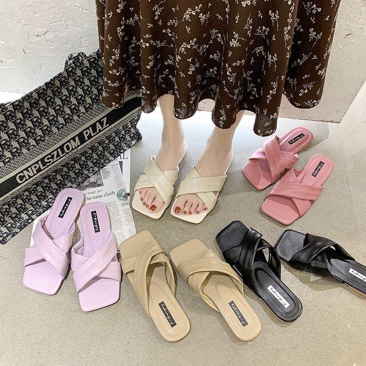 Women Open Toe Sandals Flats Summer Fashion Cross Fashion Outerwear Flat Heel Candy-Colored Slippers