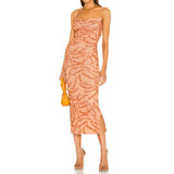 Burnt Orange Dress Printing Slip Dress Slim Waist Stretch Midi Dress