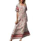 Emery Rose Dresses Cotton Printed Bohemian Dress Short Sleeve Maxi Dress