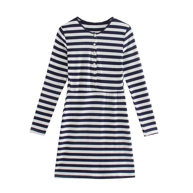 Women Fall Fall Striped Knitted Dress Slim-Fit Contrast Colors Short Skirt