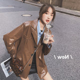 Cute Leather Jacket Brown Leather Suit Jacket for Women Spring and Autumn Loose Retro