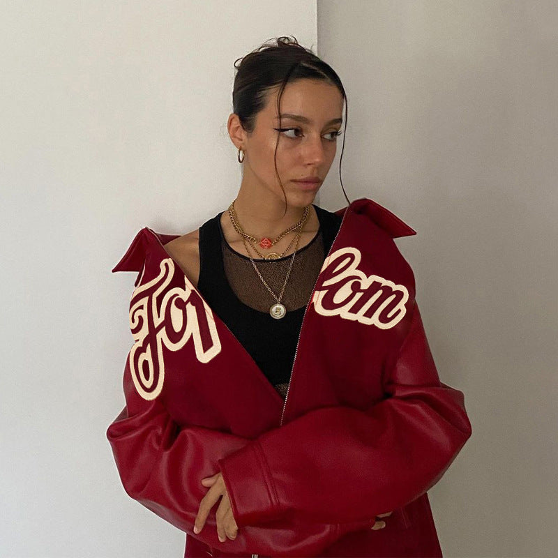 Brown Cropped Varsity Jacket Letter Print Casual Stand-up Collar Jacket Coat