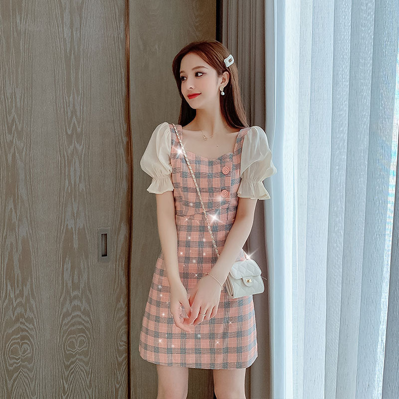 Gingham Dress Summer Dress Women's Bell Sleeve Plaid Sequined Short Sleeve Dress Women's Fashion