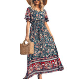 Emery Rose Dresses Cotton Printed Bohemian Dress Short Sleeve Maxi Dress
