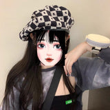 Check Beret Hat Women 'S Black And White Plaid Painter Cap
