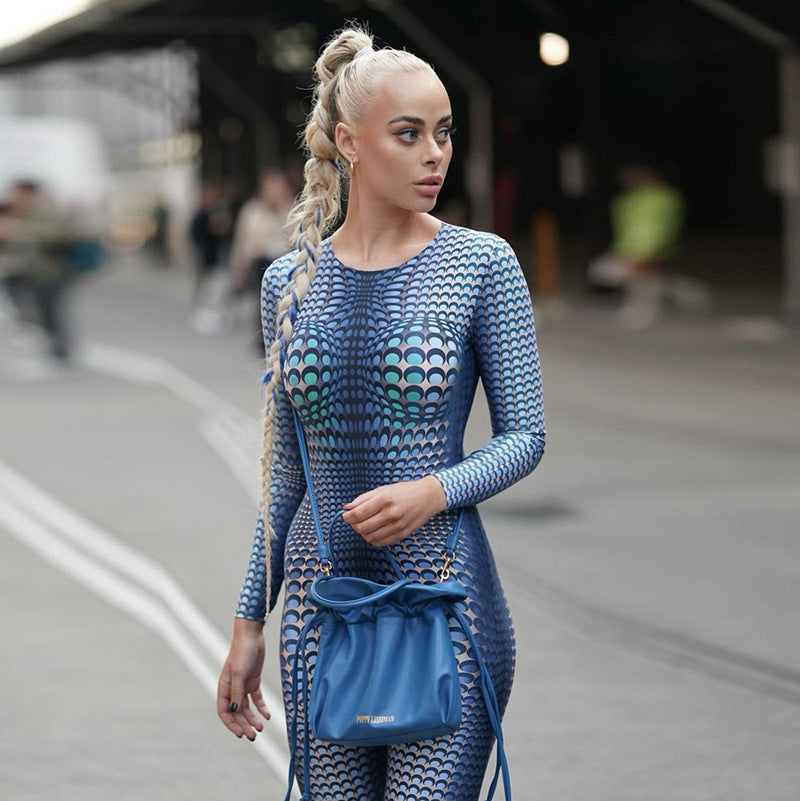 Summer 3D Printed round Neck Long Sleeve Slim-Fit Trousers Jumpsuit