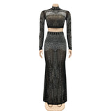Party Pants Suits Fashion Sexy Nightclub Women's Clothing Mesh See-through Long Sleeve Dress Two-Piece Set
