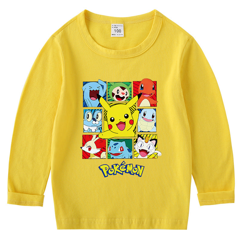 Children Pokemon Pikachu Hoodie Spring and Autumn round Neck Long Sleeve T-shirt Cotton