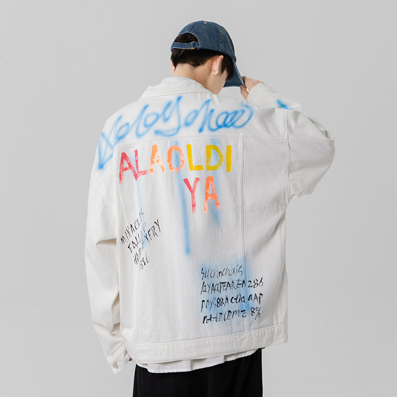 Denim Varsity Jacket Loose Hand Painted Patterned Denim Jacket Men's Graffiti Jacket