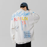 Denim Varsity Jacket Loose Hand Painted Patterned Denim Jacket Men's Graffiti Jacket