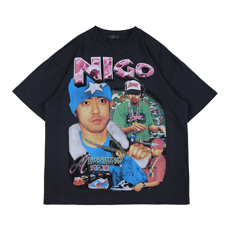 Oversized 90S T Shirt Loose round Neck T-shirt Street Hip-Hop Rap Print Short Sleeve Tee Men and Women