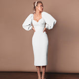 Winter Formal Dresses Fall Winter Fashion Puff Sleeves Square Collar Dress Sexy Slim Hip Long Dress for Women
