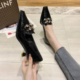 Finn Chain Pointed Toe Mule Crocodile Pattern Patent Leather Muller Pumps Rhinestone Metal Buckle Autumn Stiletto Square Head Kitten Heels Women