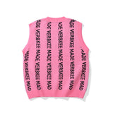 Men Sweater Vest Letter Jacquard Sweater Vest Men's Loose V-neck Vest Idle Style Sleeveless Sweater
