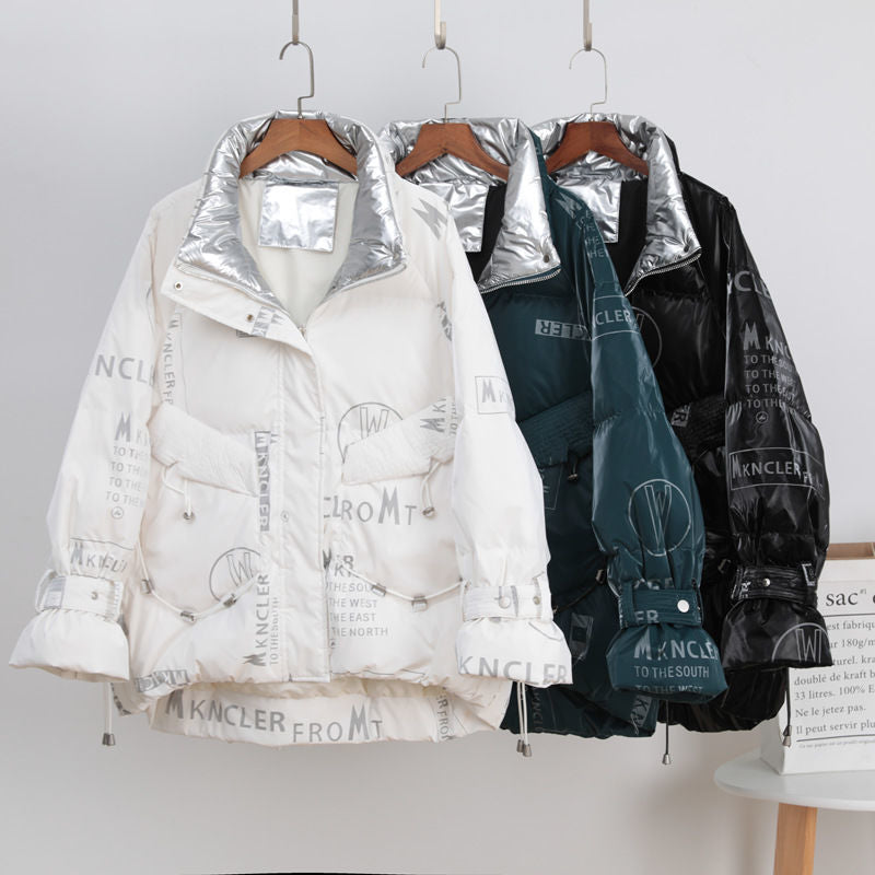 Women Winter Coats Puffer Jacket Down Coat Down Jacket Women's Glossy Short Wash-Free Turtleneck Print Winter White Duck Down