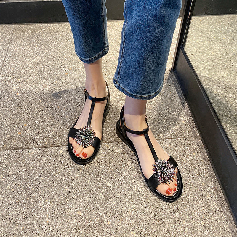 Flat Dress Sandals Summer Solid Color Flat Hollow Buckle Sandals