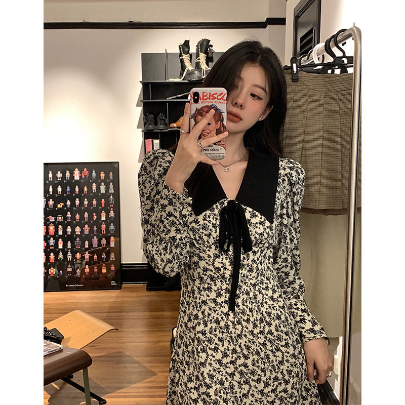 Aesthetic Dress Black and White Printed Dress Lapel High Waist A- line Skirt Women's Clothing