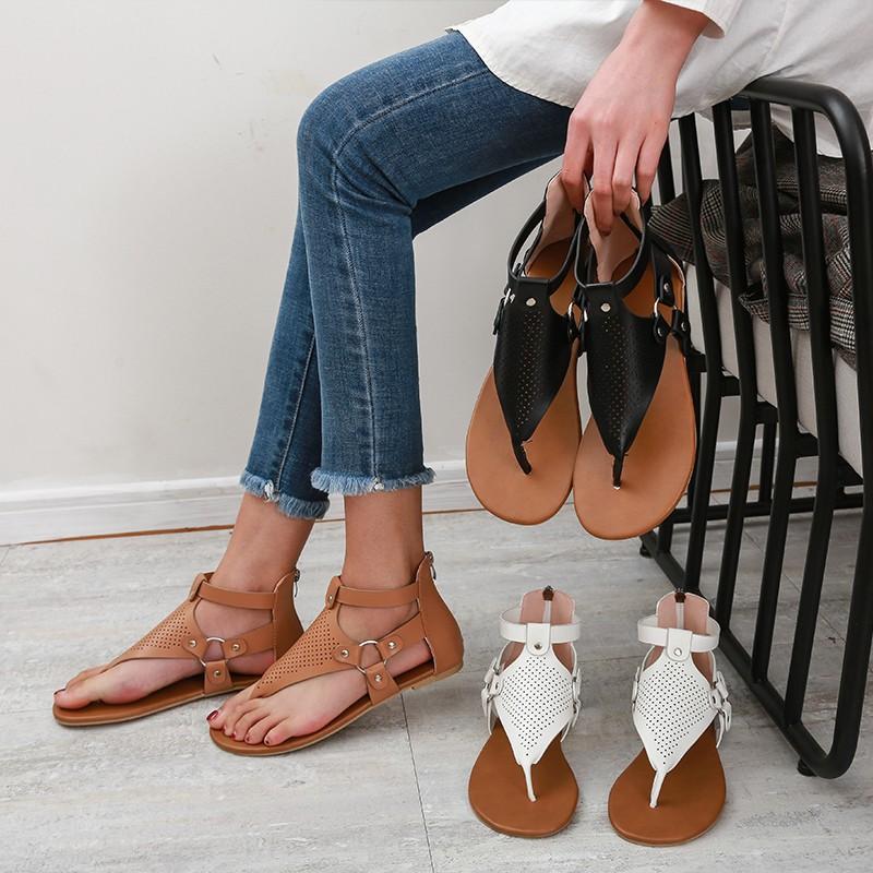 Women Open Toe Sandals Flats Large Size Flip Toe Hollow Sandals Summer Fashion