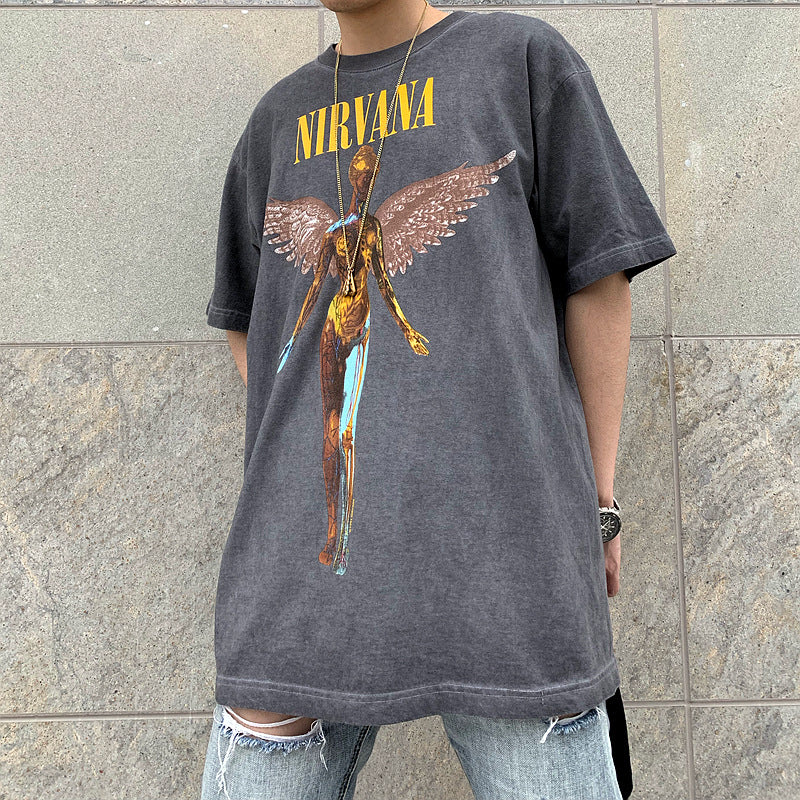 Oversized 90S T Shirt Big Talker Angel Rock Band Printed Short Sleeve T-shirt Couple Loose Retro T-shirt