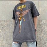 Oversized 90S T Shirt Big Talker Angel Rock Band Printed Short Sleeve T-shirt Couple Loose Retro T-shirt