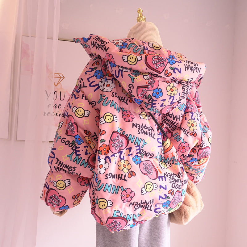 Women Winter Coats Puffer Jacket down Coat Winter Cartoon Childlike Graffiti Hooded down Jacket Coat
