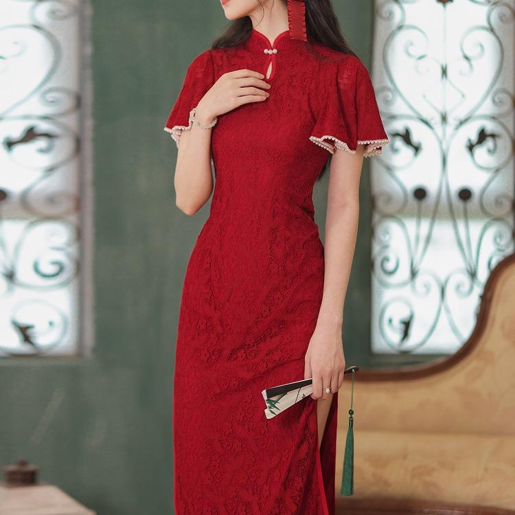 Women Cottagecore Dress Bridal Gown Vintage Lace Summer Red Dress