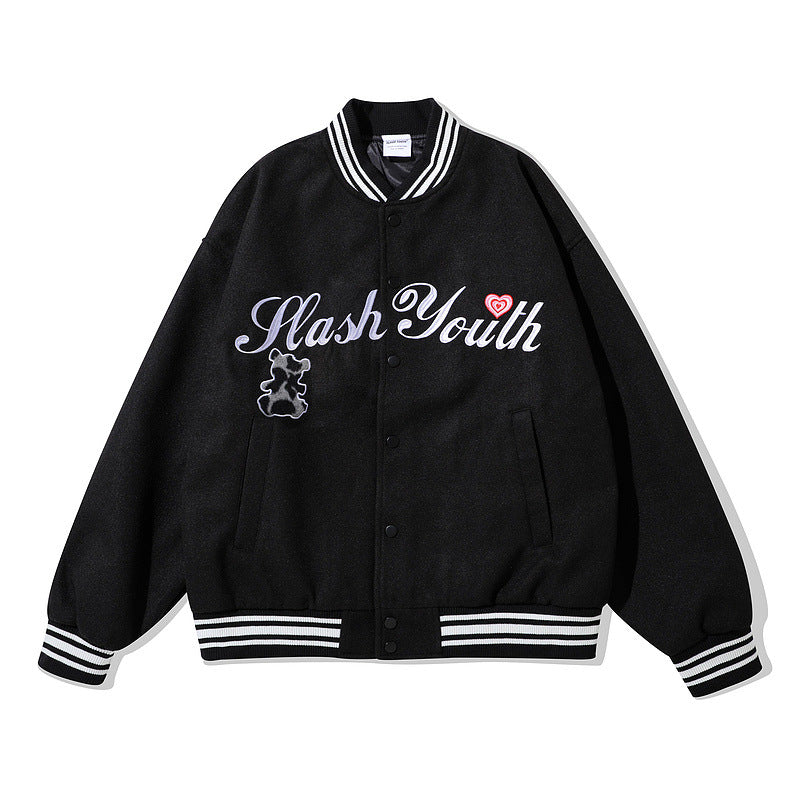 Mens Fall Outfits Couple Baseball Jacket Leopard Pattern Bear Stitching Embroidery Street Loose Sports Jacket Men