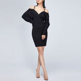 Women Spring Dress Autumn Solid Color off-the-Shoulder Strap Top Baggy Package Hip Tight Skirt Long Sleeve Waist-Tight Sexy Black Dress