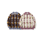 Mens Fall Outfits Couple Sweater Autumn and Winter Floral Rhombus Plaid Contrast Color Lapels Pullover Knitting Coat