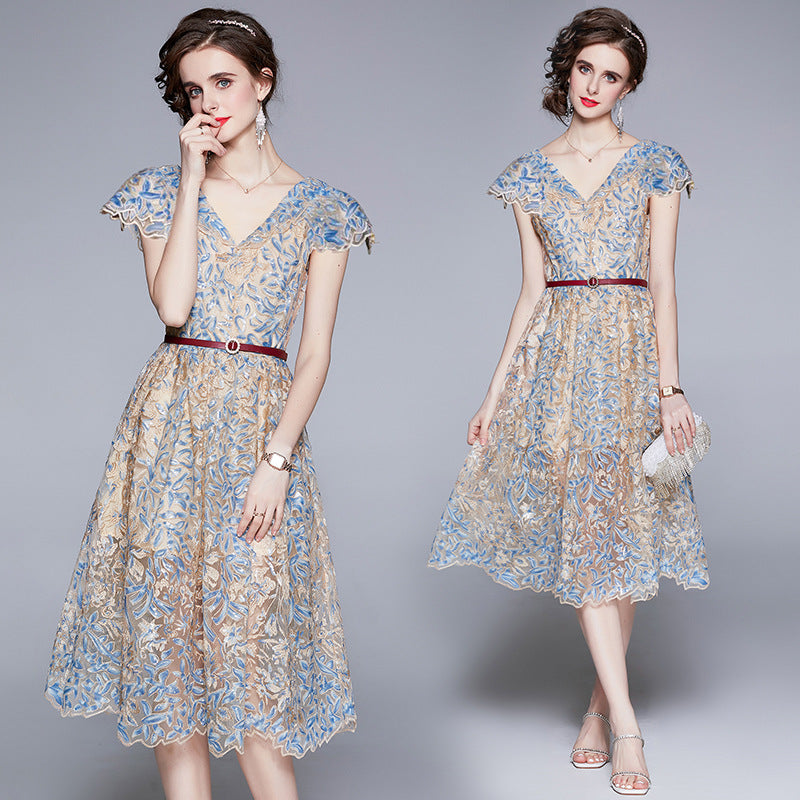 Daisy Buchanan Dress Summer V-neck Sequins Embroidered Large Swing Dress