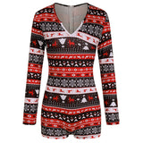 Women Fall Outfits Christmas Printed One-Piece Shorts Long Sleeve V-neck Jumpsuit