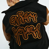 Brown Varsity Jacket Puzzle Embroidery Loose Jacket Men's Stitching Lapel Baseball Uniform Couple Coat