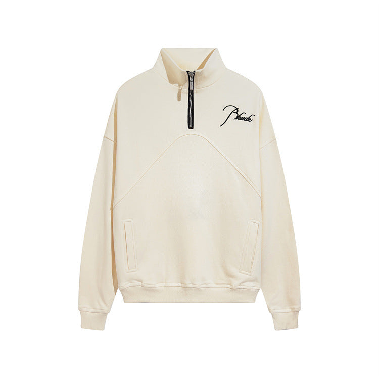 Rhude Hoodie Autumn Winter Retro Stand Collar Half Zip Embroidery Stitching Sweatshirt