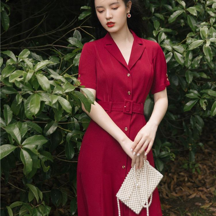 Women's Cottagecore Dress Vintage Dress Women's Red Single Breasted Suit Collar Dress Hong Kong Style Elegant Waist Dress Summer