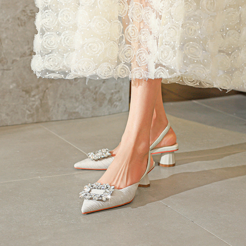 Nude Strappy Block Heels Satin round Heel High Heels